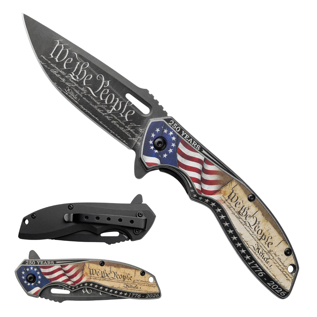 8" American Flag We The People Design Printed Blade & Handle Spring Assisted Folding Knife with Belt Clip