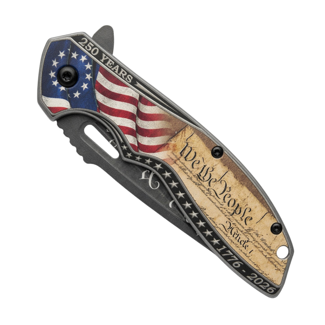 8" American Flag We The People Design Printed Blade & Handle Spring Assisted Folding Knife with Belt Clip