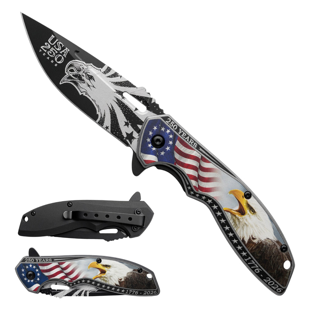 8" American Flag Eagle Printed Design Blade & Handle Spring Assisted Folding Knife with Belt Clip