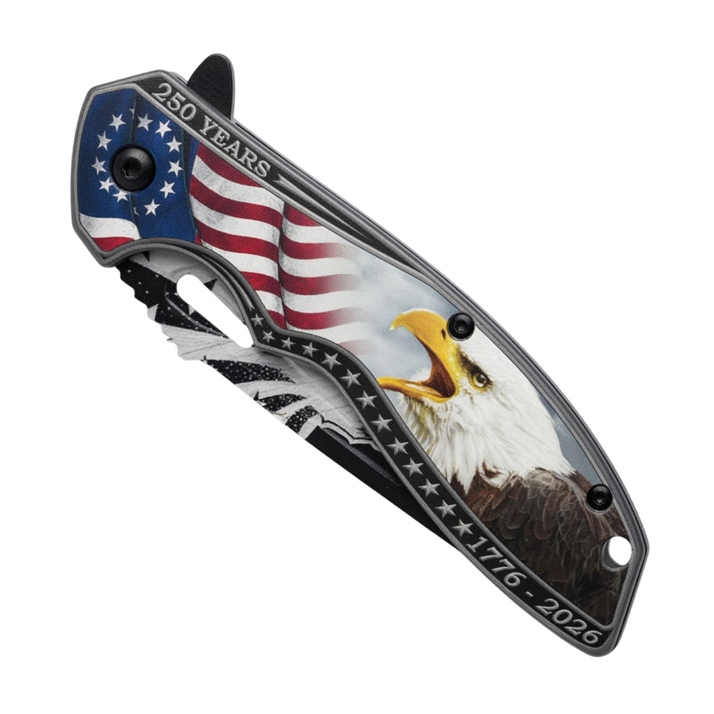 8" American Flag Eagle Printed Design Blade & Handle Spring Assisted Folding Knife with Belt Clip