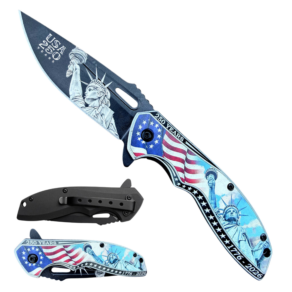 8" American Flag Statue of Liberty Printed Design Blade & Handle Spring Assisted Folding Knife with Belt Clip