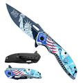 8" American Flag Statue of Liberty Printed Design Blade & Handle Spring Assisted Folding Knife with Belt Clip