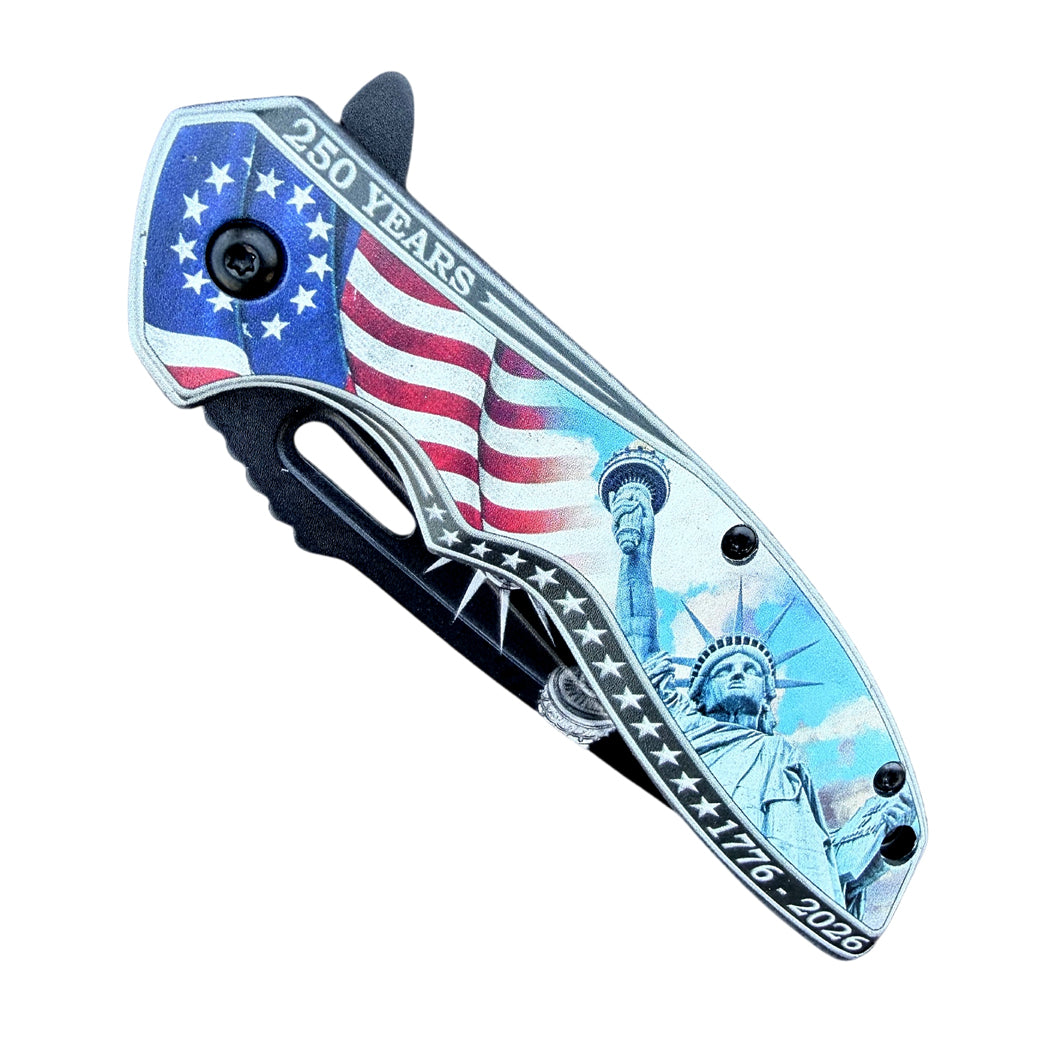 8" American Flag Statue of Liberty Printed Design Blade & Handle Spring Assisted Folding Knife with Belt Clip