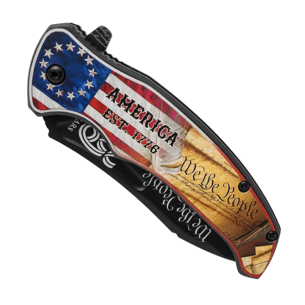 8.5" We The People & USA Flag Design Printed Handle Spring Assisted Folding Knife with Belt Clip
