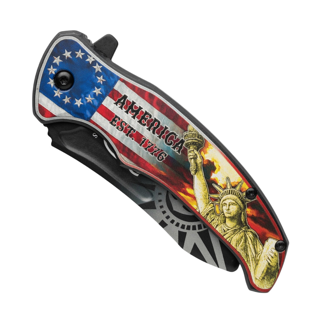 8.5" Statue of Liberty & USA Flag Design Printed Handle Spring Assisted Folding Knife with Belt Clip