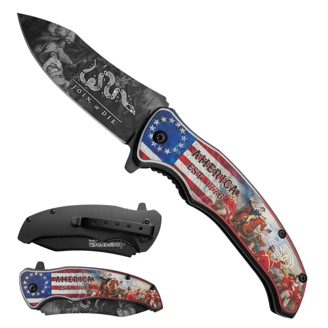 8.5" Revolutionary War & USA Flag Design Printed Handle Spring Assisted Folding Knife with Belt Clip