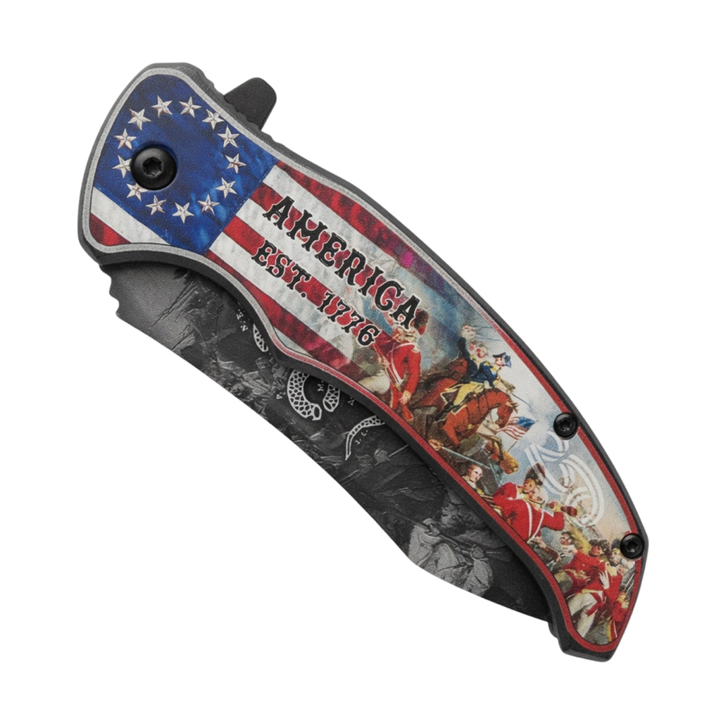 8.5" Revolutionary War & USA Flag Design Printed Handle Spring Assisted Folding Knife with Belt Clip