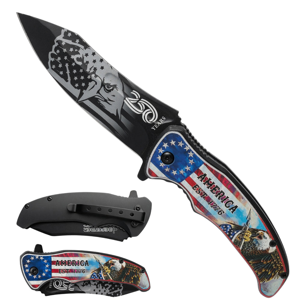 8.5" Eagle & USA Flag Design Printed Handle Spring Assisted Folding Knife with Belt Clip