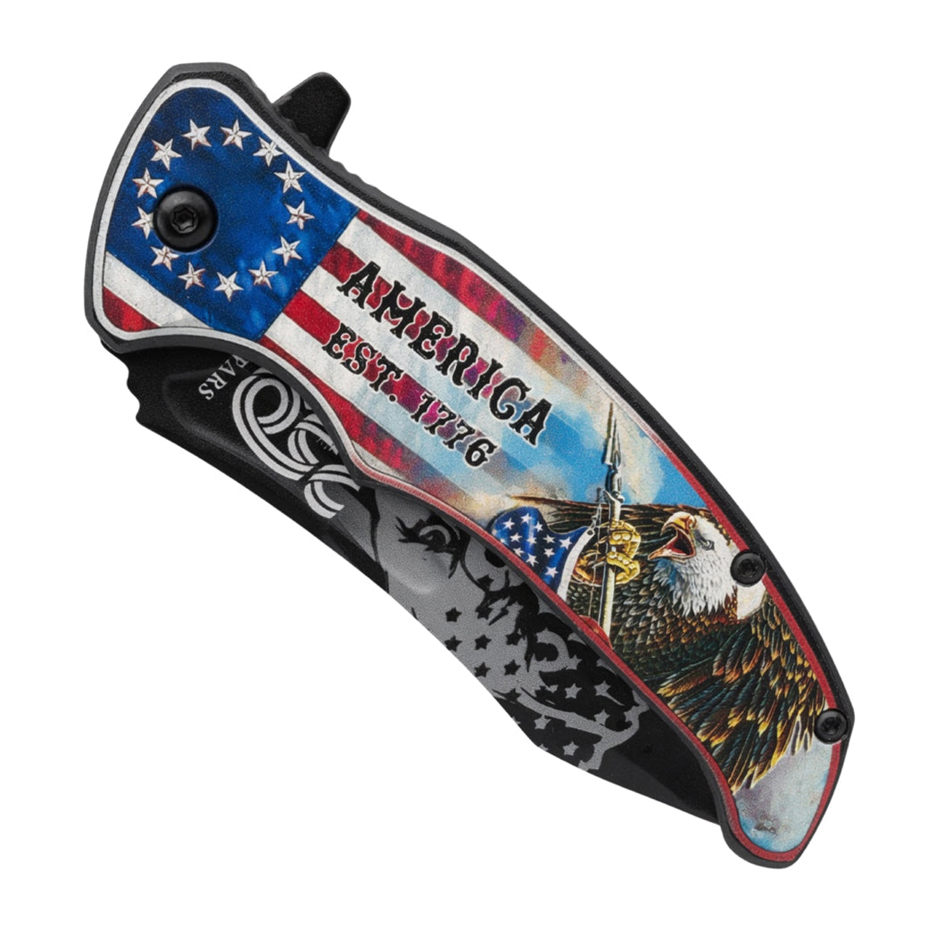 8.5" Eagle & USA Flag Design Printed Handle Spring Assisted Folding Knife with Belt Clip