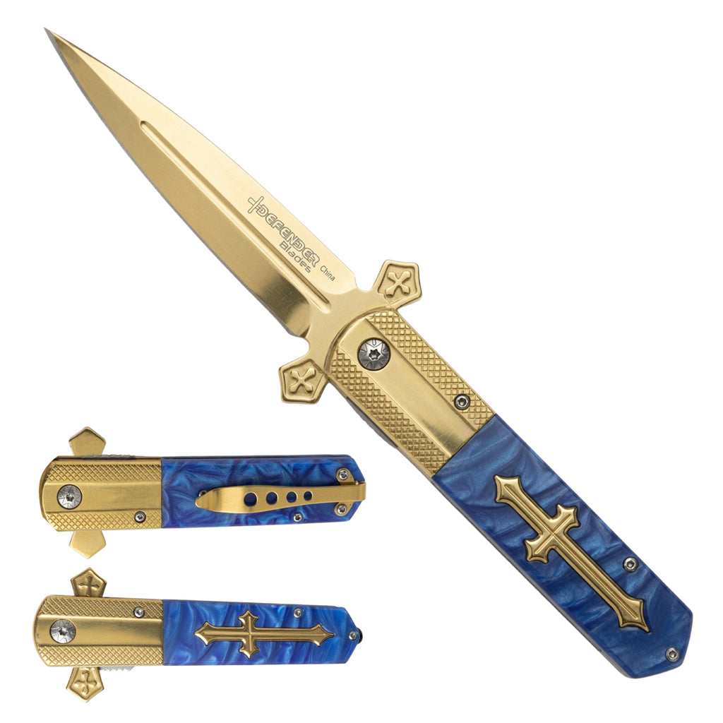 9" Gold Blade Blue Poly Resin Handle w/ Cross Design Spring Assisted Folding Knife With Clip