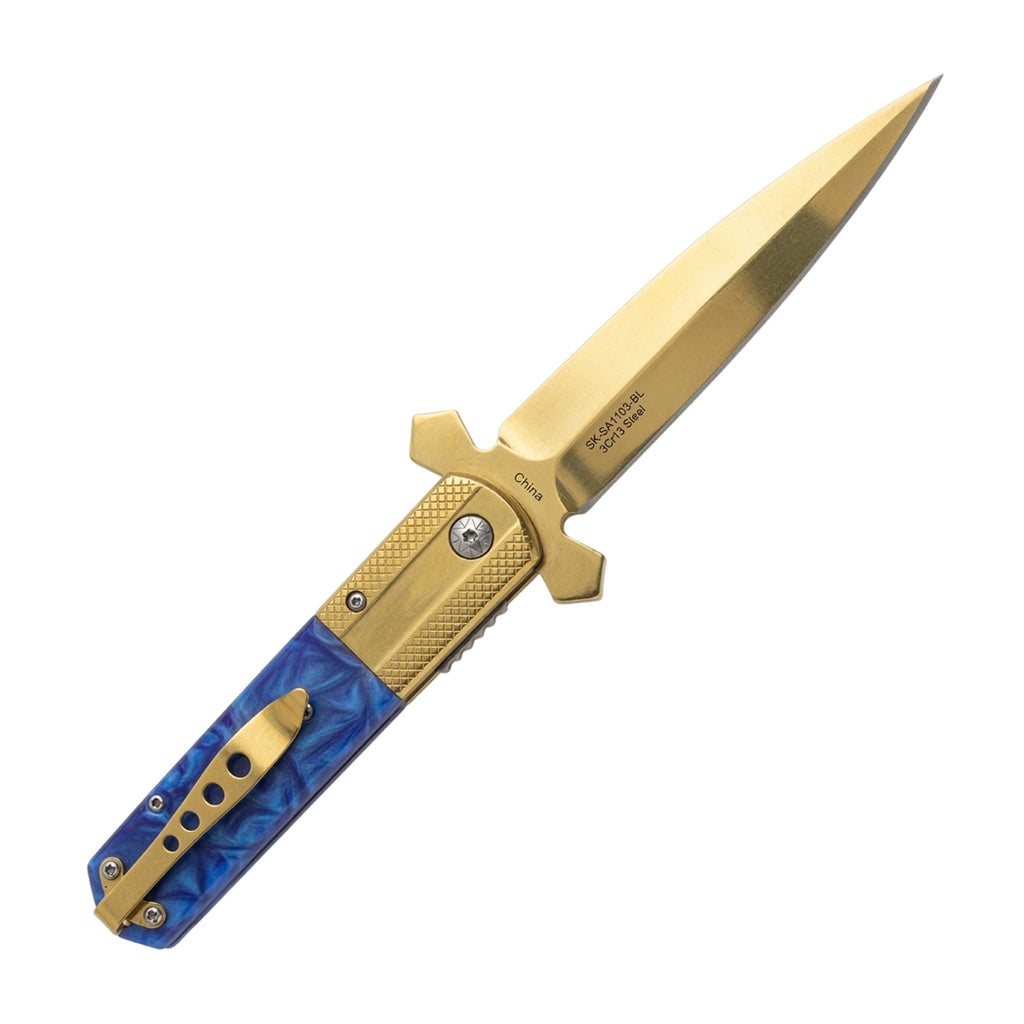 9" Gold Blade Blue Poly Resin Handle w/ Cross Design Spring Assisted Folding Knife With Clip