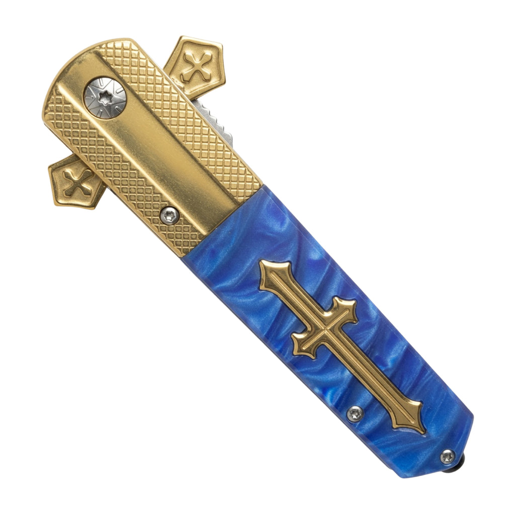 9" Gold Blade Blue Poly Resin Handle w/ Cross Design Spring Assisted Folding Knife With Clip