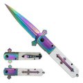 9" Rainbow Blade White Poly Resin Handle w/ Cross Design Spring Assisted Folding Knife With Clip