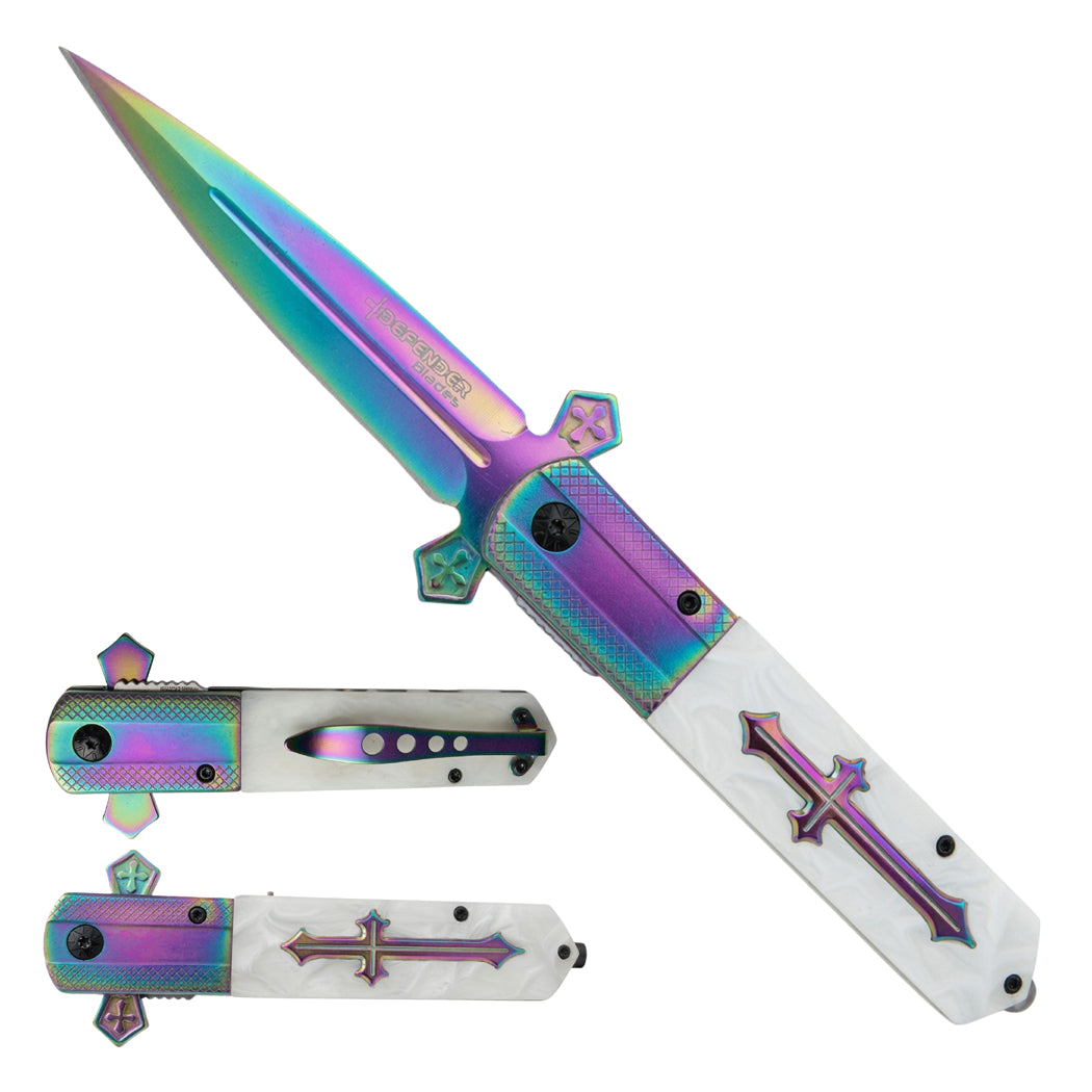 9" Rainbow Blade White Poly Resin Handle w/ Cross Design Spring Assisted Folding Knife With Clip