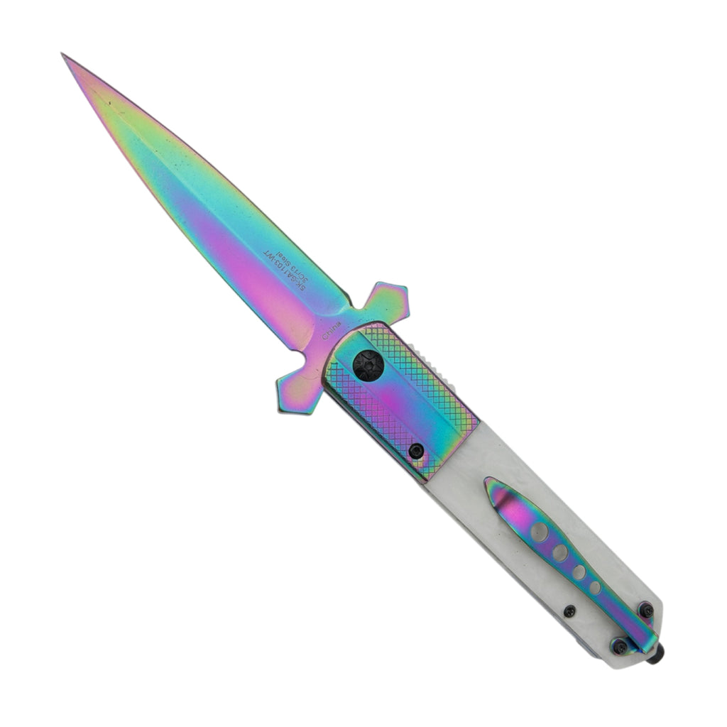 9" Rainbow Blade White Poly Resin Handle w/ Cross Design Spring Assisted Folding Knife With Clip