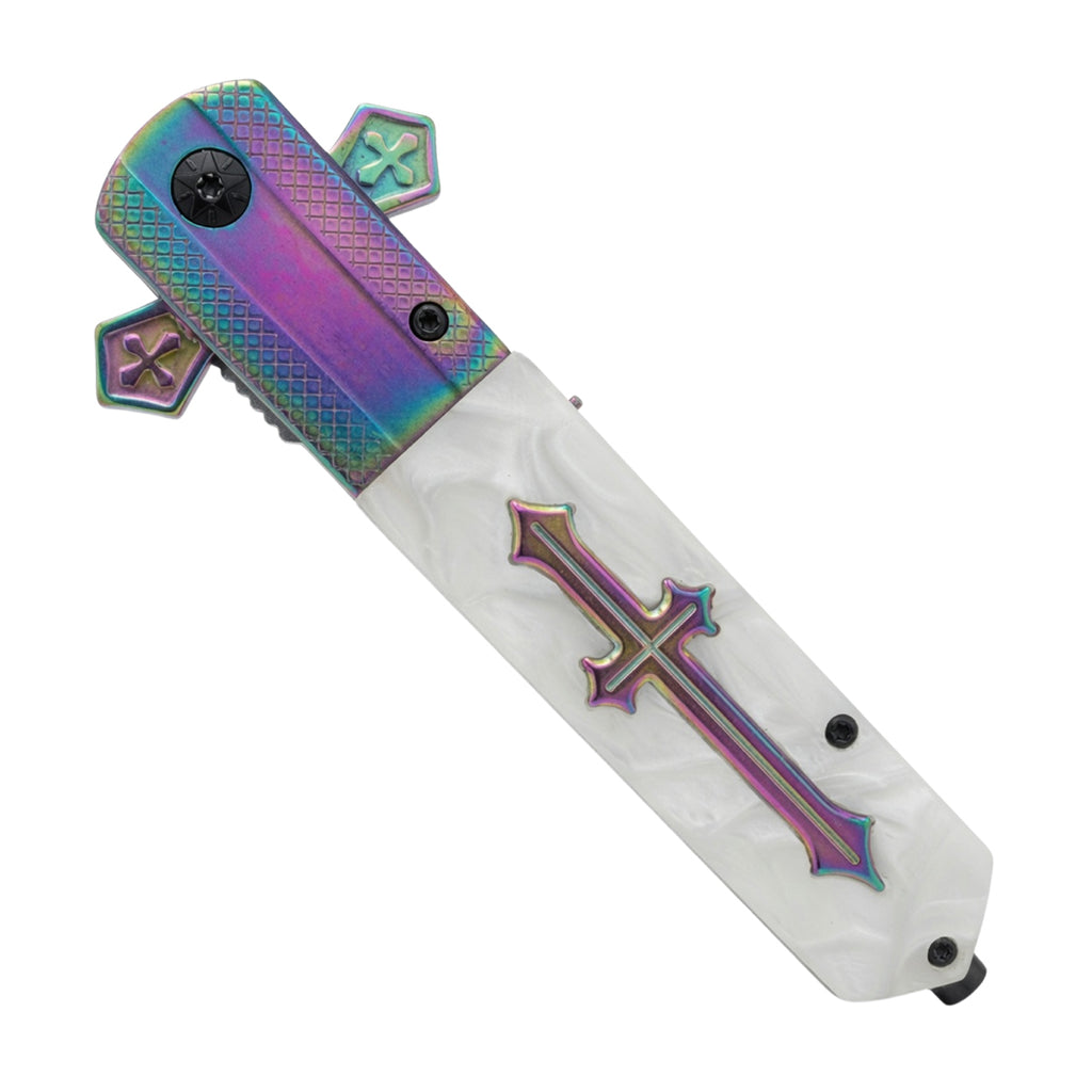 9" Rainbow Blade White Poly Resin Handle w/ Cross Design Spring Assisted Folding Knife With Clip