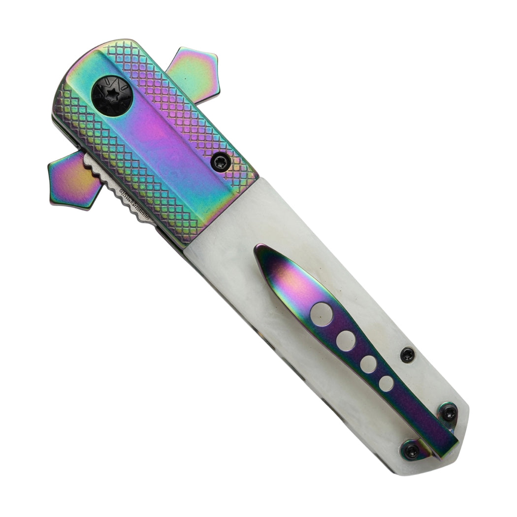 9" Rainbow Blade White Poly Resin Handle w/ Cross Design Spring Assisted Folding Knife With Clip