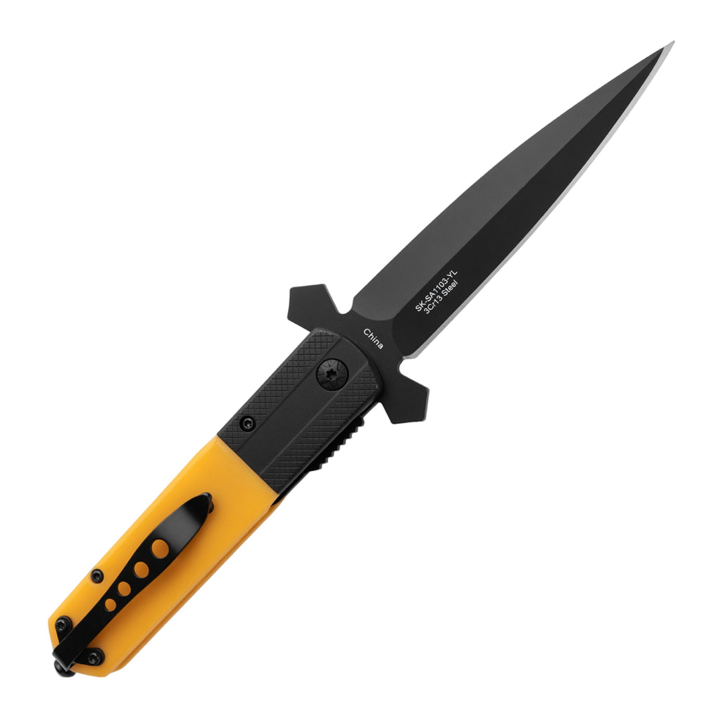 9" Black Blade Yellow Poly Resin Handle w/ Cross Design Spring Assisted Folding Knife With Clip