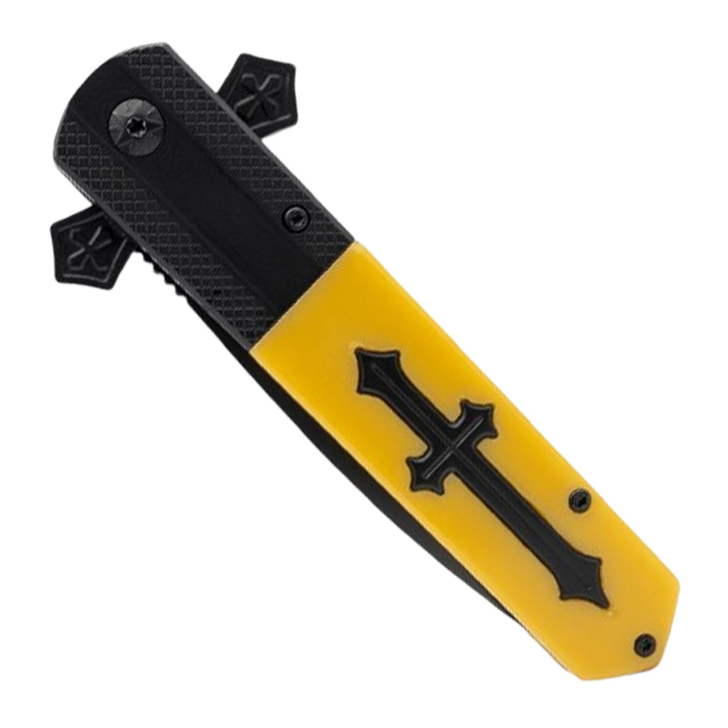 9" Black Blade Yellow Poly Resin Handle w/ Cross Design Spring Assisted Folding Knife With Clip