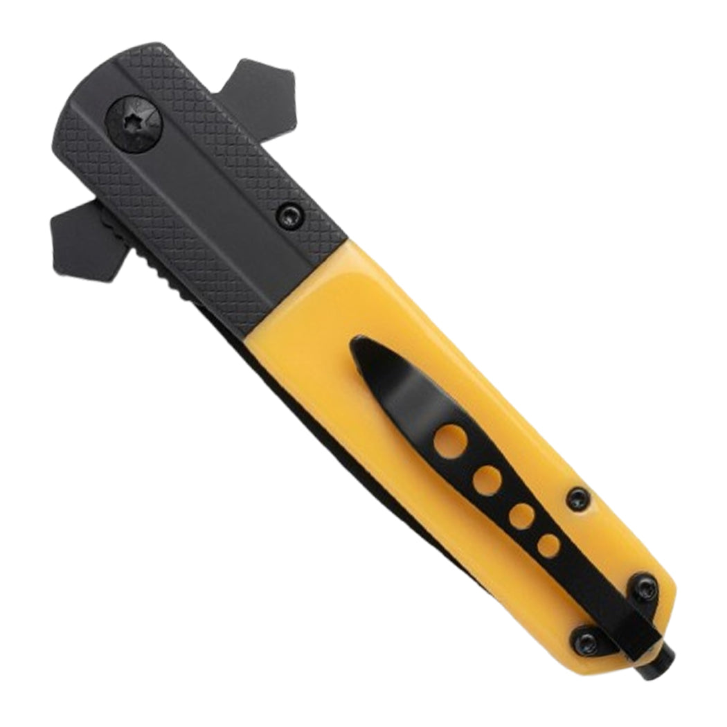 9" Black Blade Yellow Poly Resin Handle w/ Cross Design Spring Assisted Folding Knife With Clip