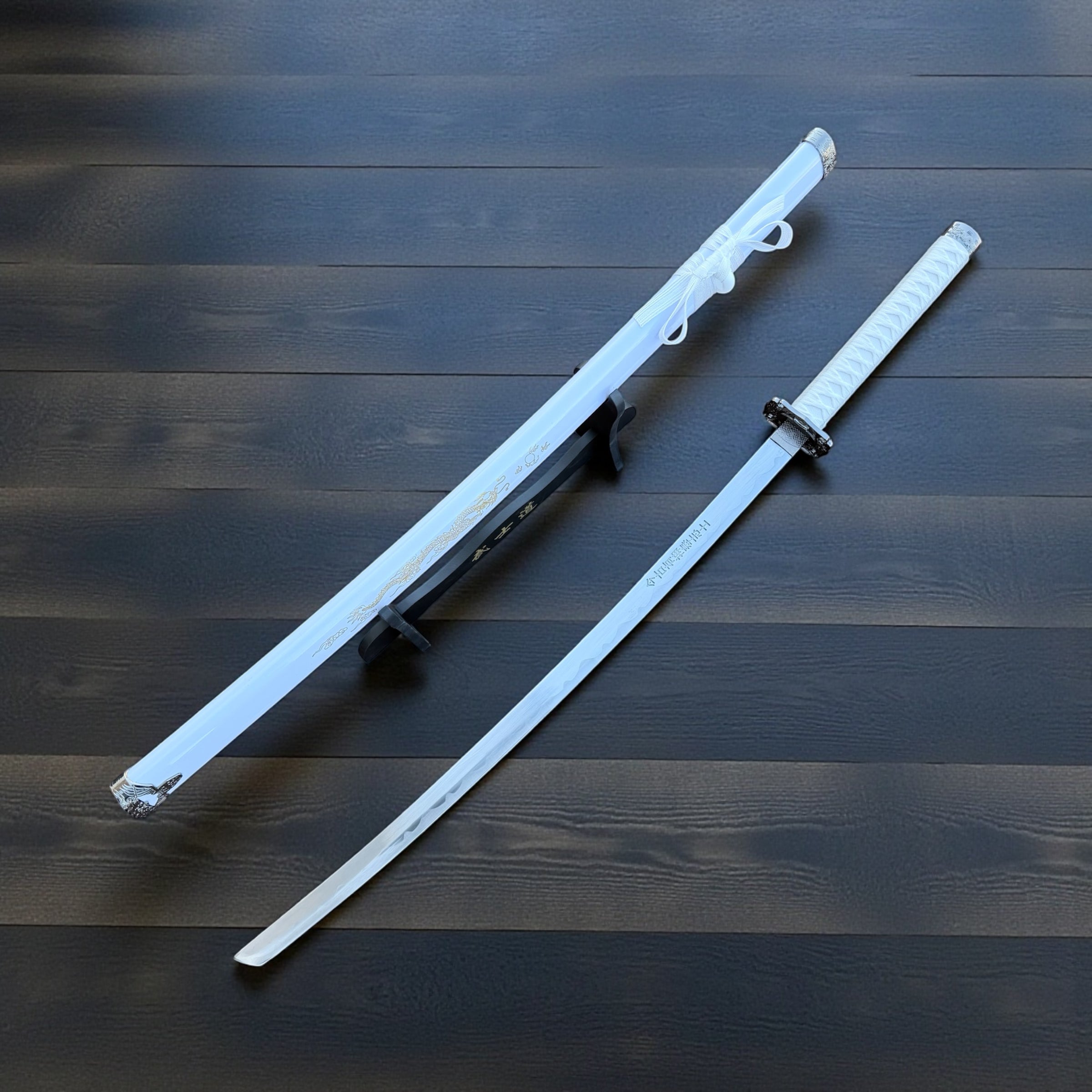 39.5" White Dragon Design Samurai Katana Sword With Display Stand