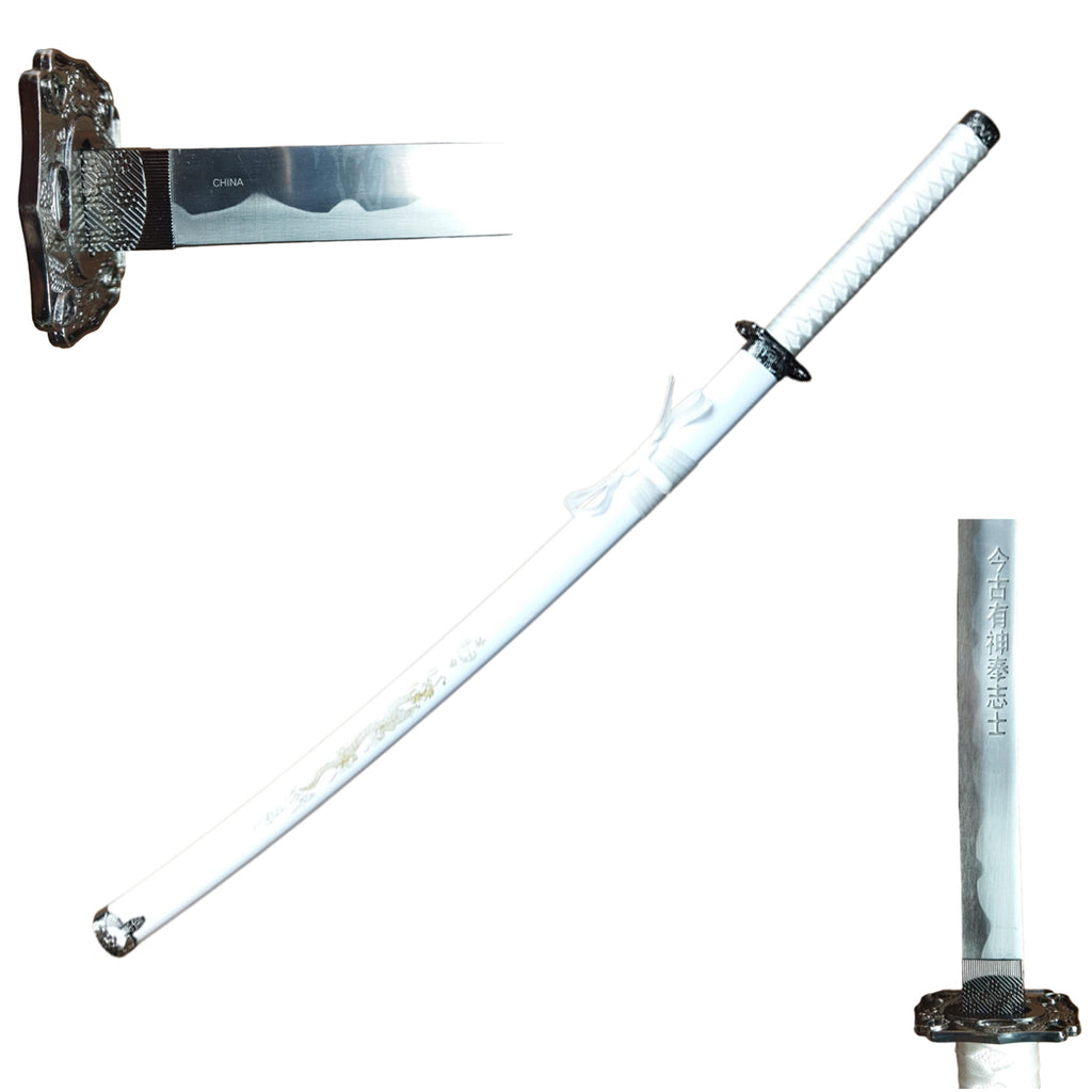 39.5" White Dragon Design Samurai Katana Sword With Display Stand