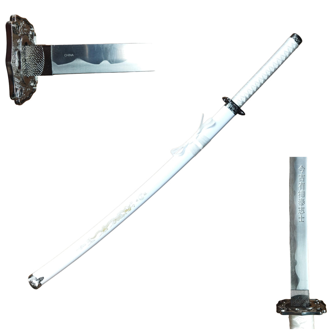 39.5" White Dragon Design Samurai Katana Sword With Display Stand