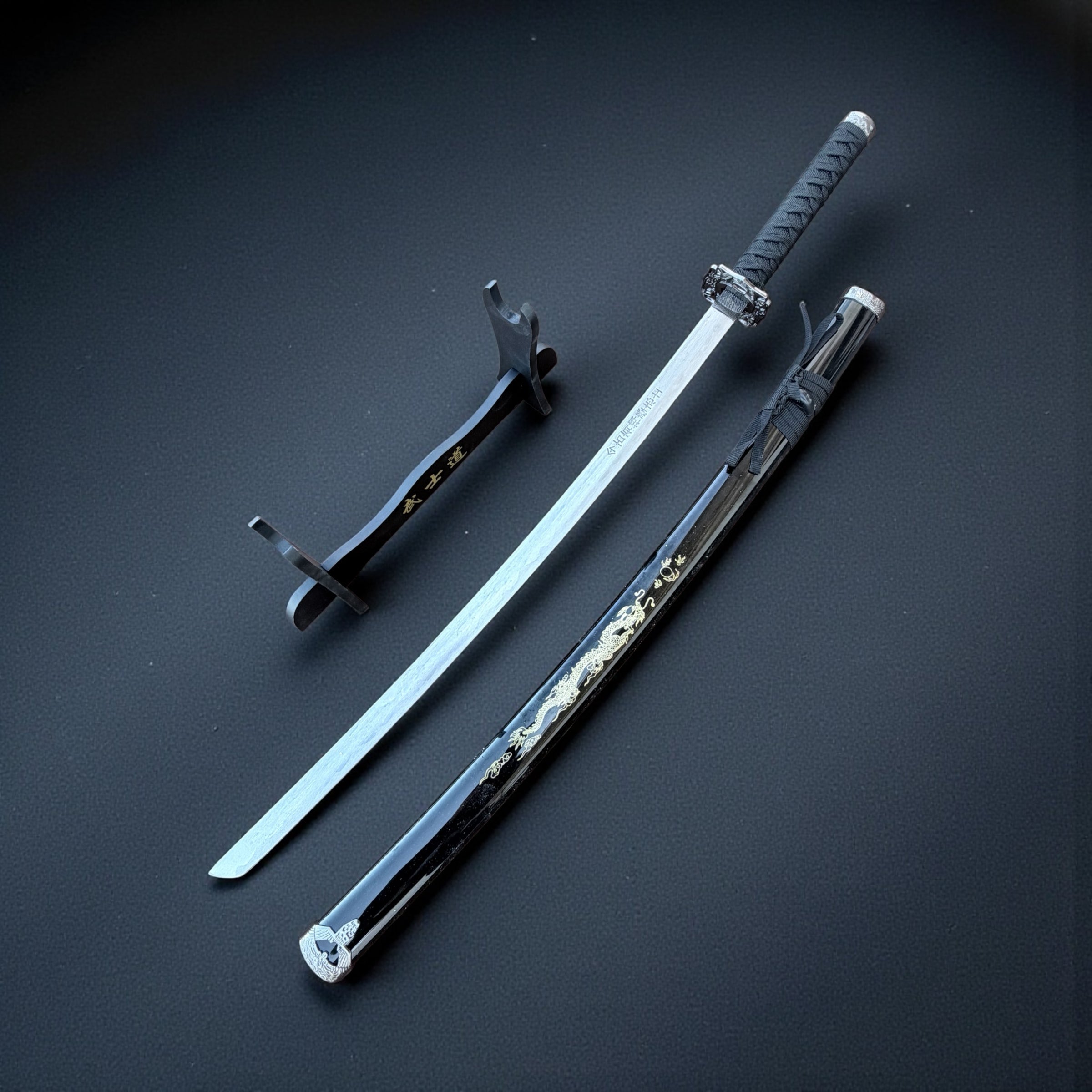40" Black Dragon Design Samurai Katana Sword With Display Stand