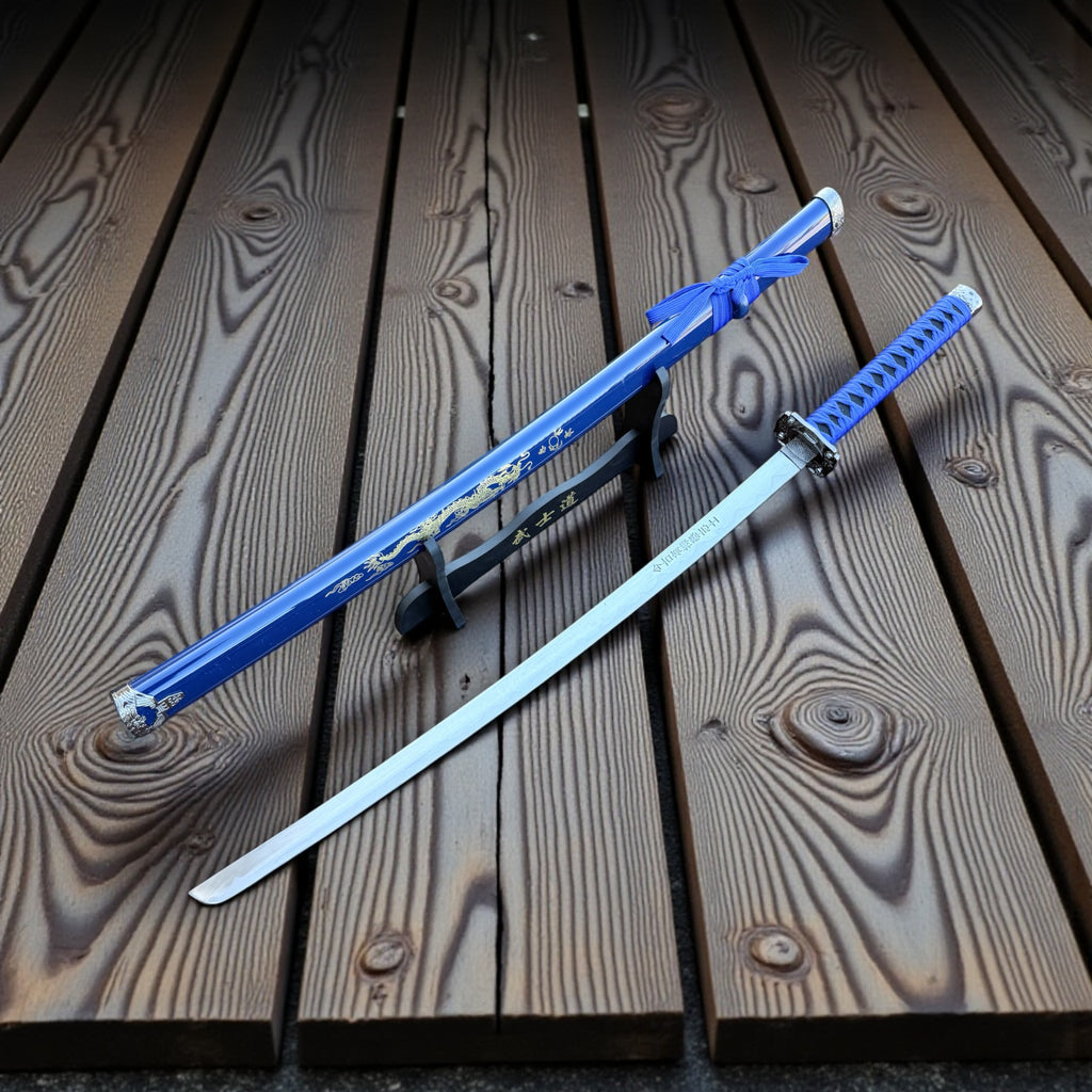 40" Blue Dragon Design Samurai Katana Sword With Display Stand