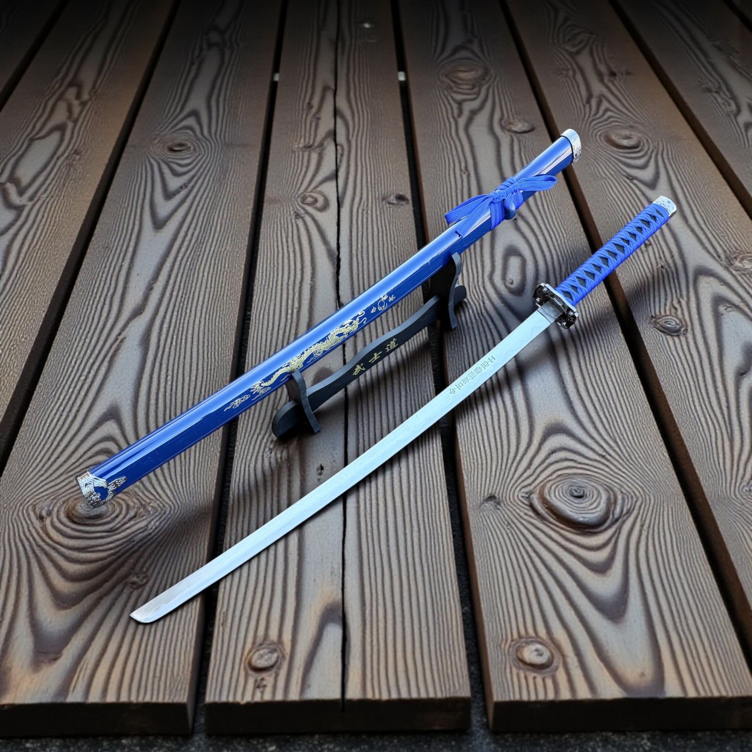 40" Blue Dragon Design Samurai Katana Sword With Display Stand