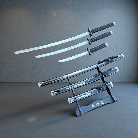 3Pc Black Dragon Design Japanese Samurai Katana Sword Set Ninja Style with Display Stand