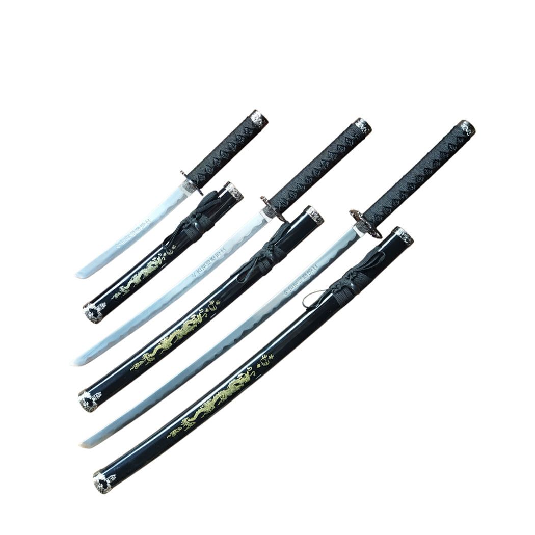 3Pc Black Dragon Design Japanese Samurai Katana Sword Set Ninja Style with Display Stand