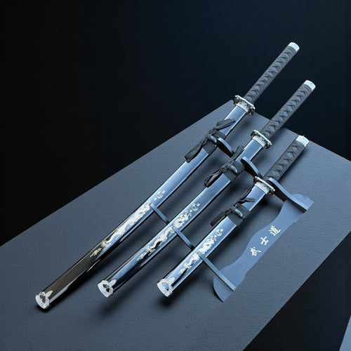 3Pc Black Dragon Design Japanese Samurai Katana Sword Set Ninja Style with Display Stand