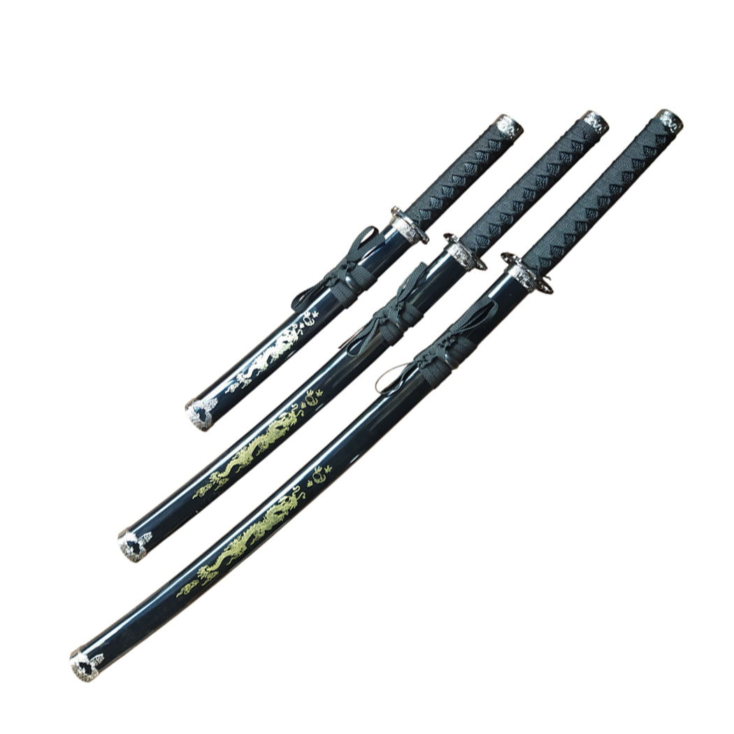 3Pc Black Dragon Design Japanese Samurai Katana Sword Set Ninja Style with Display Stand