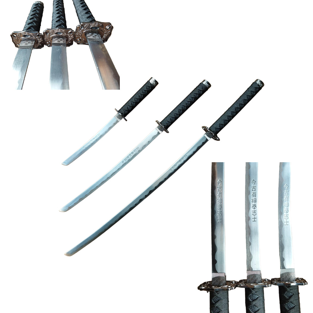 3Pc Black Dragon Design Japanese Samurai Katana Sword Set Ninja Style with Display Stand