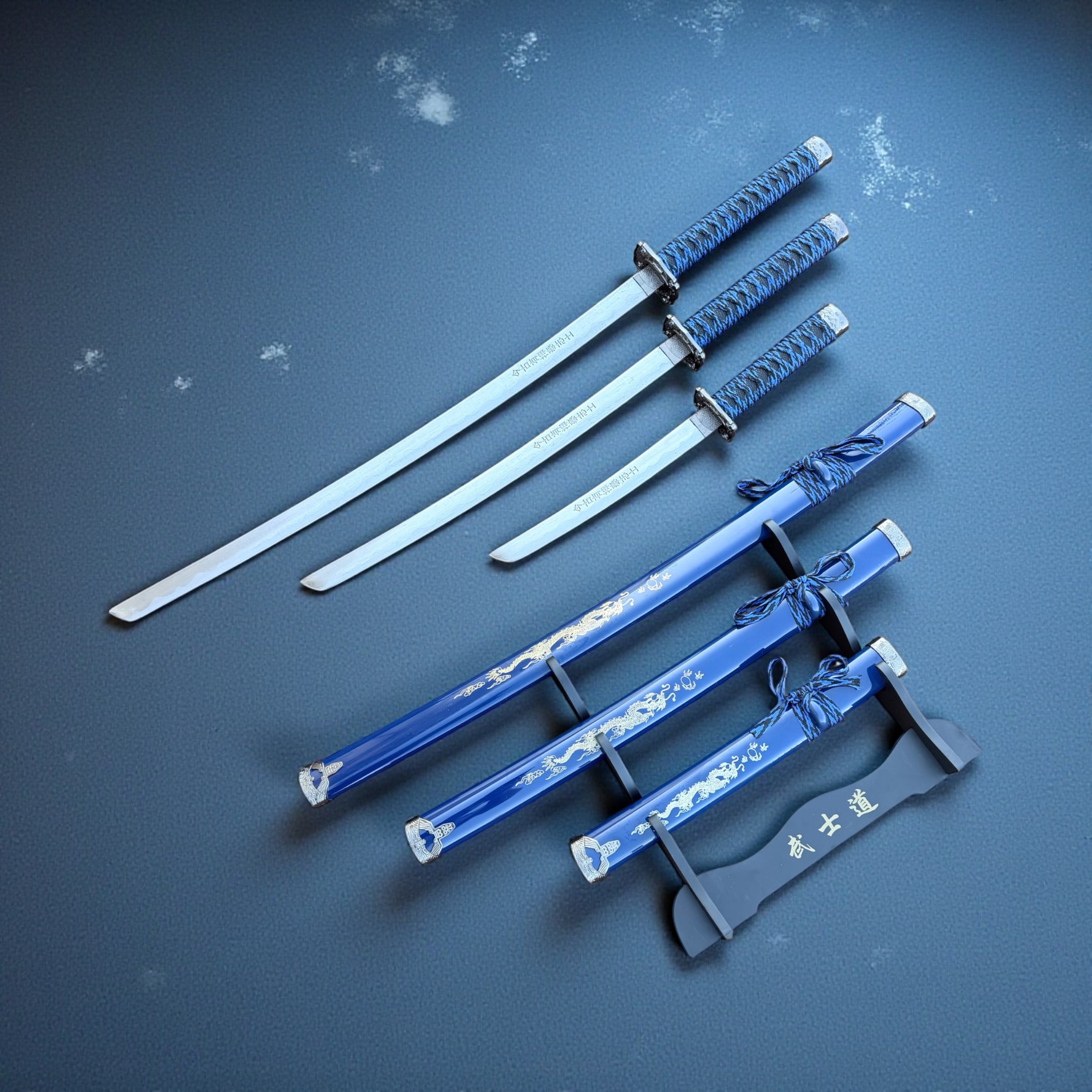 3Pc Blue Dragon Design Japanese Samurai Katana Sword Set Ninja Style with Display Stand