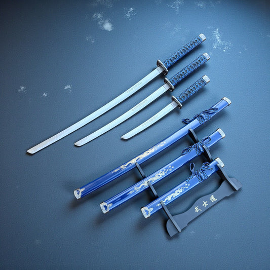 3Pc Blue Dragon Design Japanese Samurai Katana Sword Set Ninja Style with Display Stand