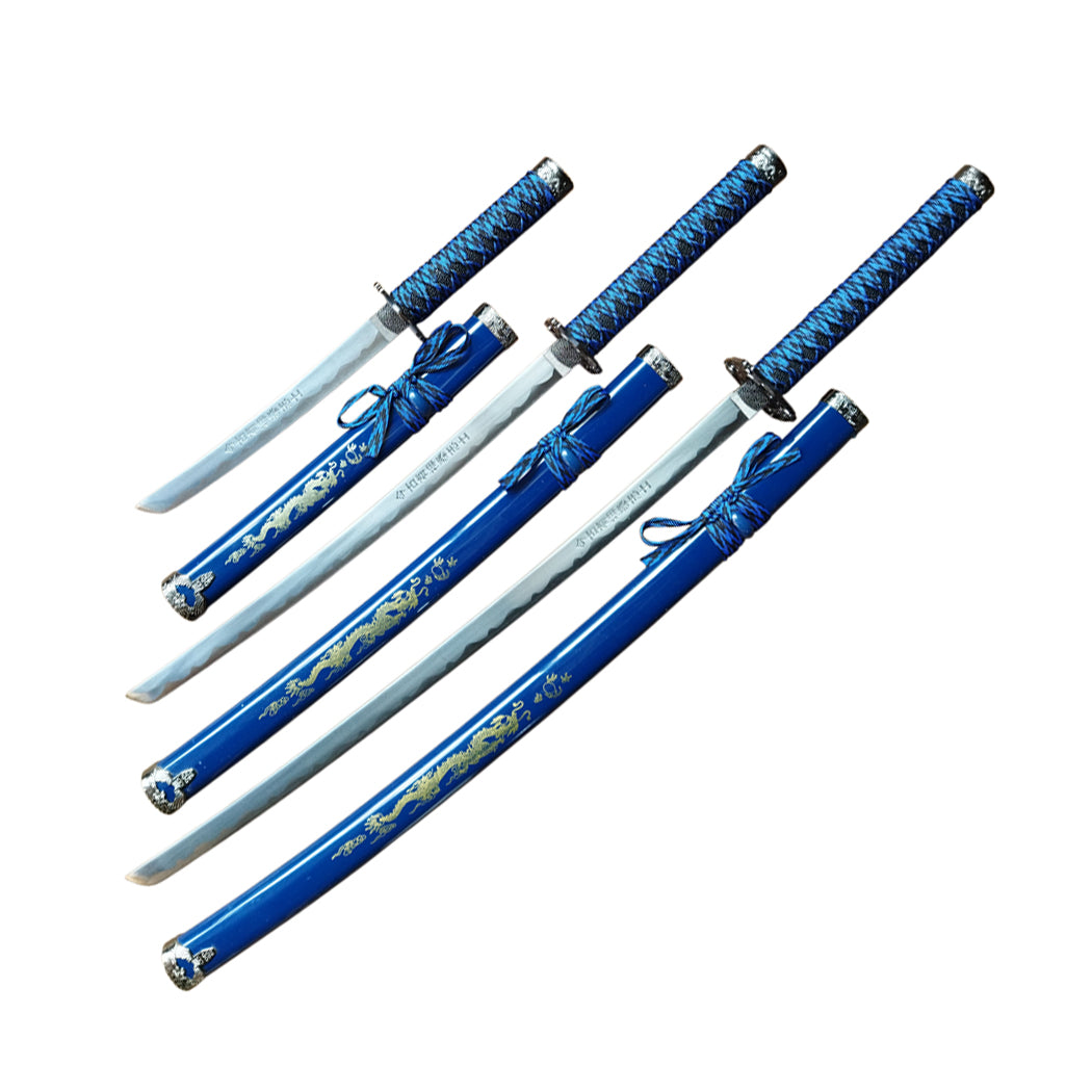 3Pc Blue Dragon Design Japanese Samurai Katana Sword Set Ninja Style with Display Stand