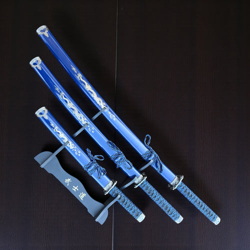 3Pc Blue Dragon Design Japanese Samurai Katana Sword Set Ninja Style with Display Stand