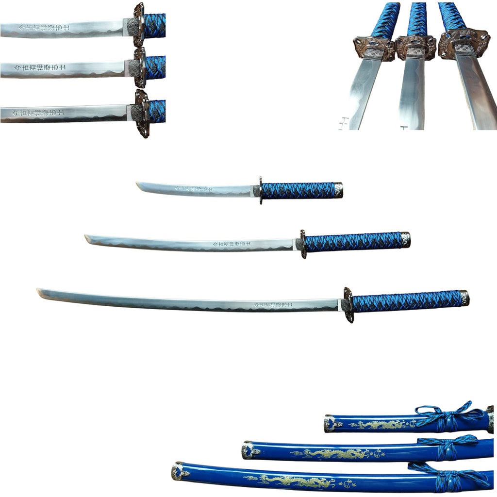 3Pc Blue Dragon Design Japanese Samurai Katana Sword Set Ninja Style with Display Stand