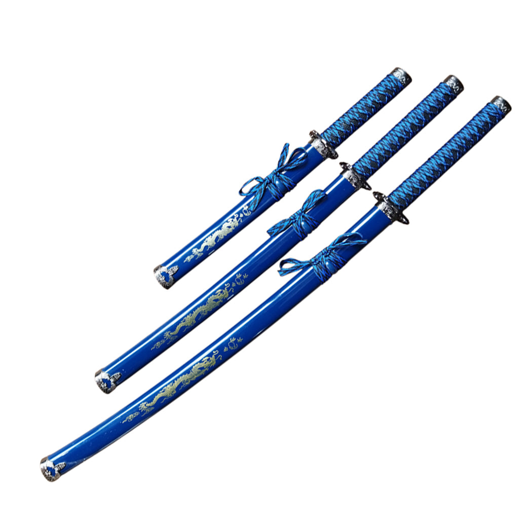 3Pc Blue Dragon Design Japanese Samurai Katana Sword Set Ninja Style with Display Stand