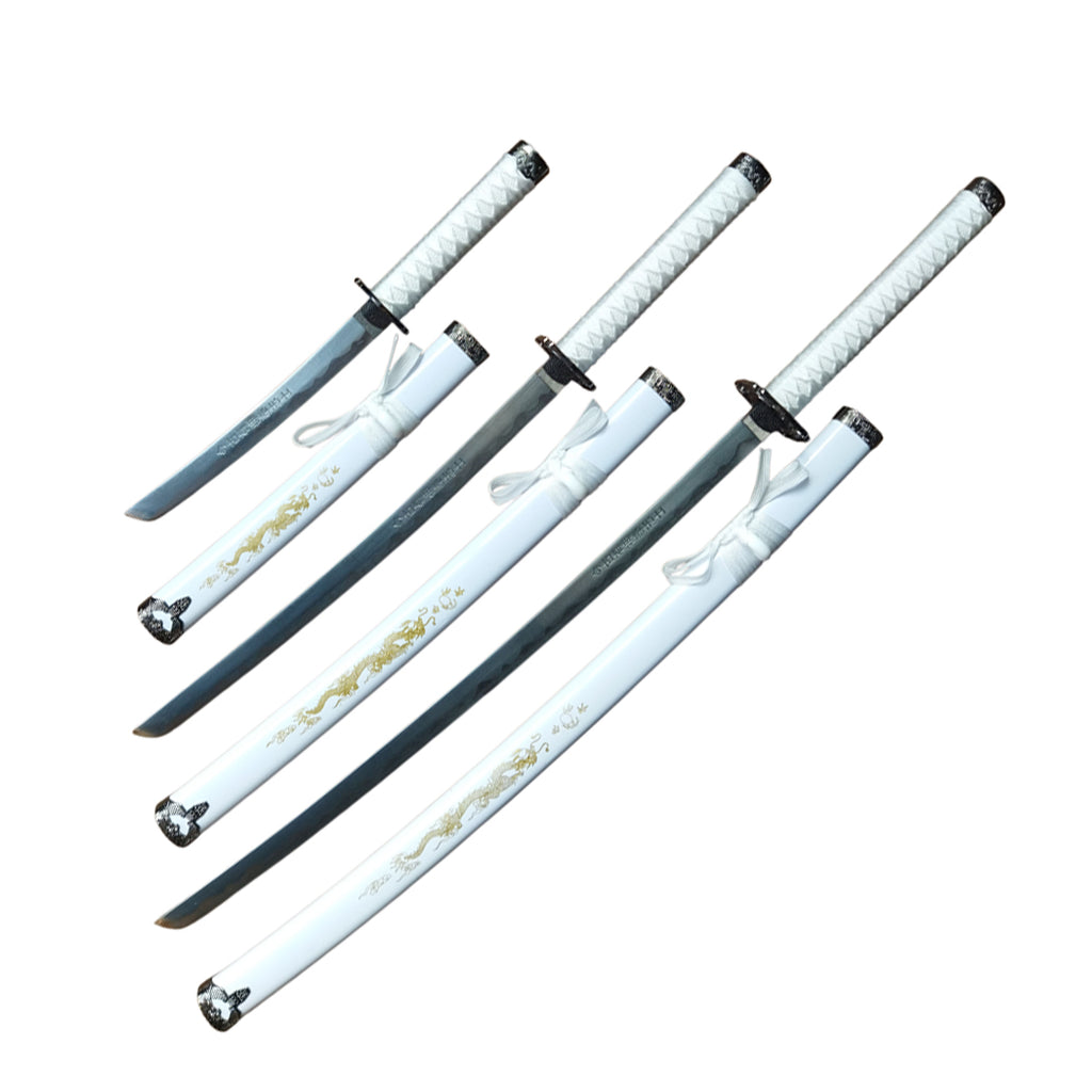 3Pc White Dragon Design Japanese Samurai Katana Sword Set Ninja Style with Display Stand
