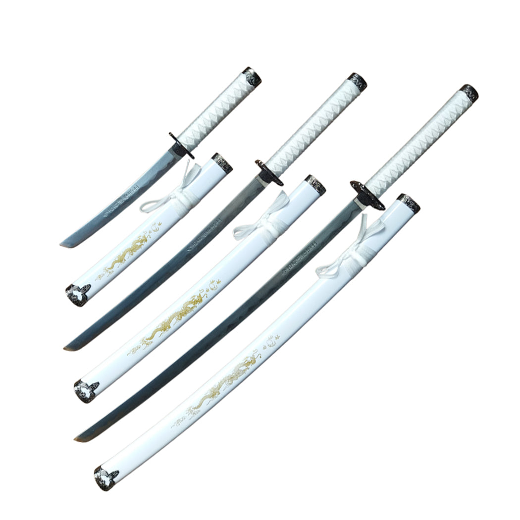 3Pc White Dragon Design Japanese Samurai Katana Sword Set Ninja Style with Display Stand