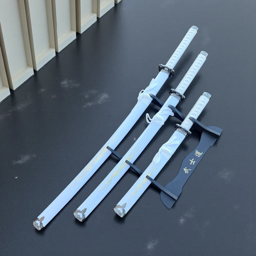 3Pc White Dragon Design Japanese Samurai Katana Sword Set Ninja Style with Display Stand