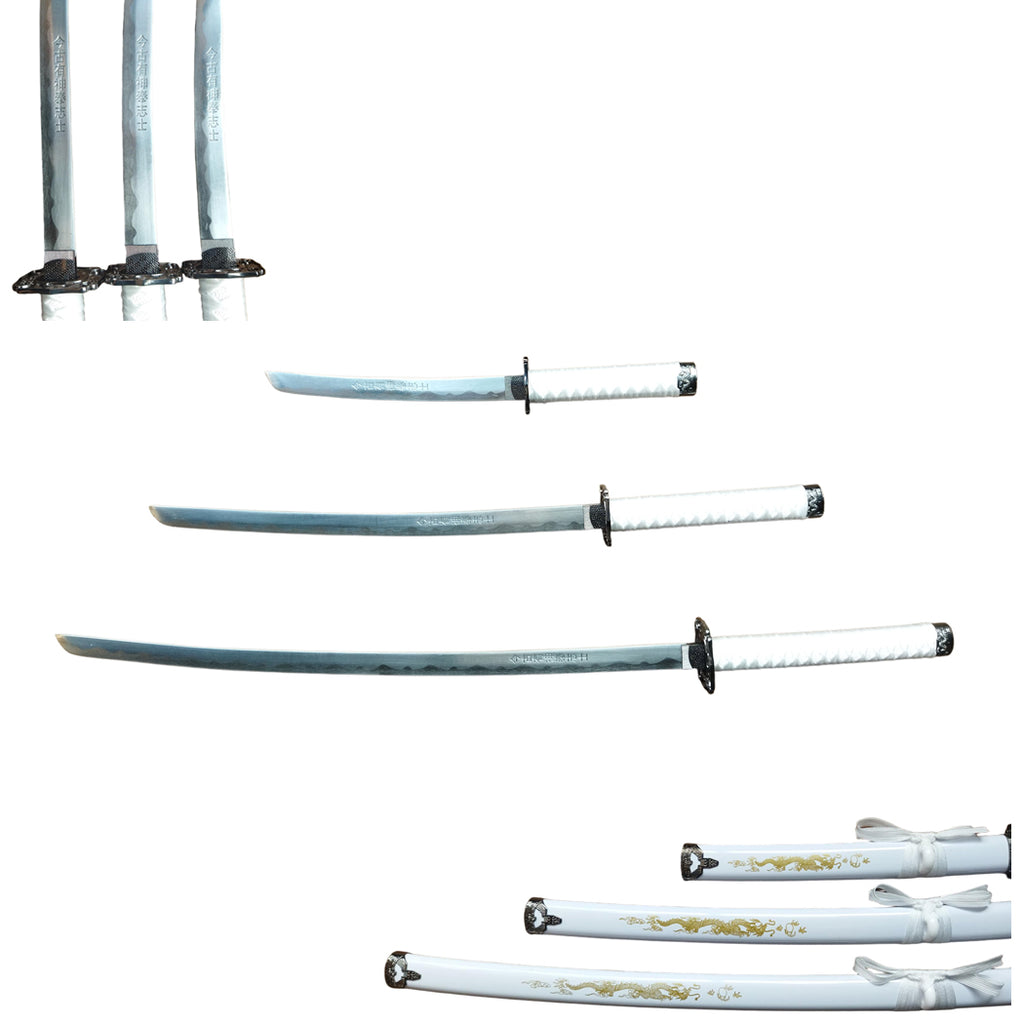 3Pc White Dragon Design Japanese Samurai Katana Sword Set Ninja Style with Display Stand