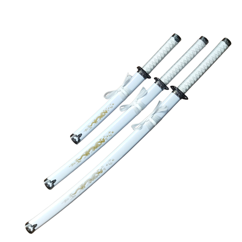 3Pc White Dragon Design Japanese Samurai Katana Sword Set Ninja Style with Display Stand