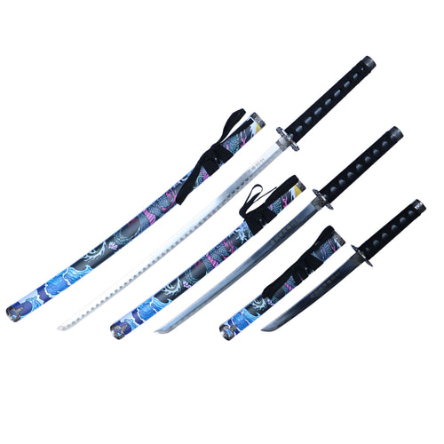 3Pc Japanese Samurai Katana Sword Set Black Dragon Design Ninja Style with Display Stand