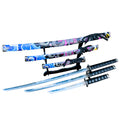 3Pc Japanese Samurai Katana Sword Set Black Dragon Design Ninja Style with Display Stand