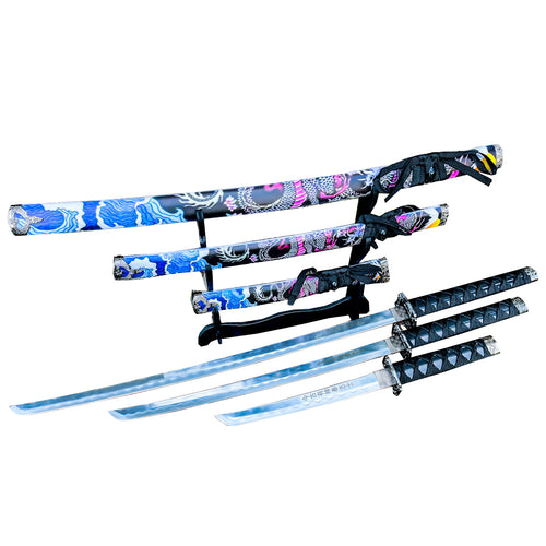 3Pc Japanese Samurai Katana Sword Set Black Dragon Design Ninja Style with Display Stand