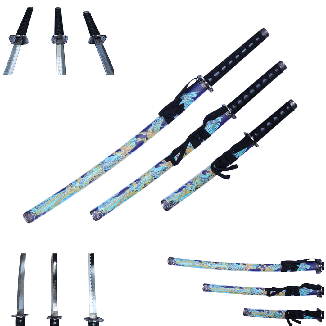 3Pc Japanese Samurai Katana Sword Set Blue Dragon Design Ninja Style with Display Stand
